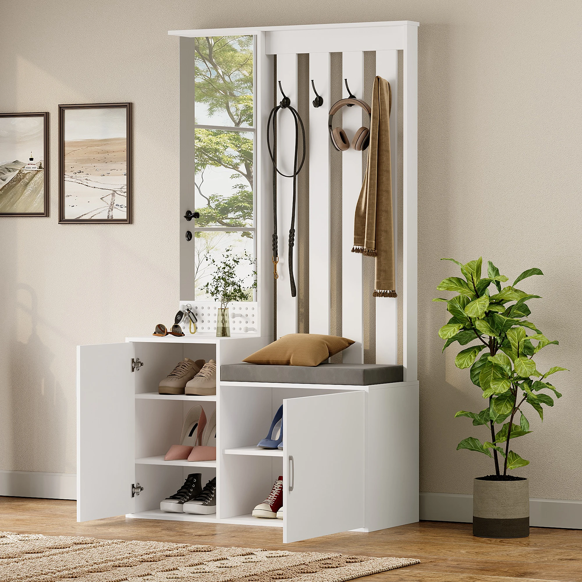 Anajqaqia 6-in-1 Garderobenset 100x40x180cm, Schuhschrank mit Spiegeln, Schubladen, 4 Haken, Schuhbank, Schuhregal für den Eingangsbereich