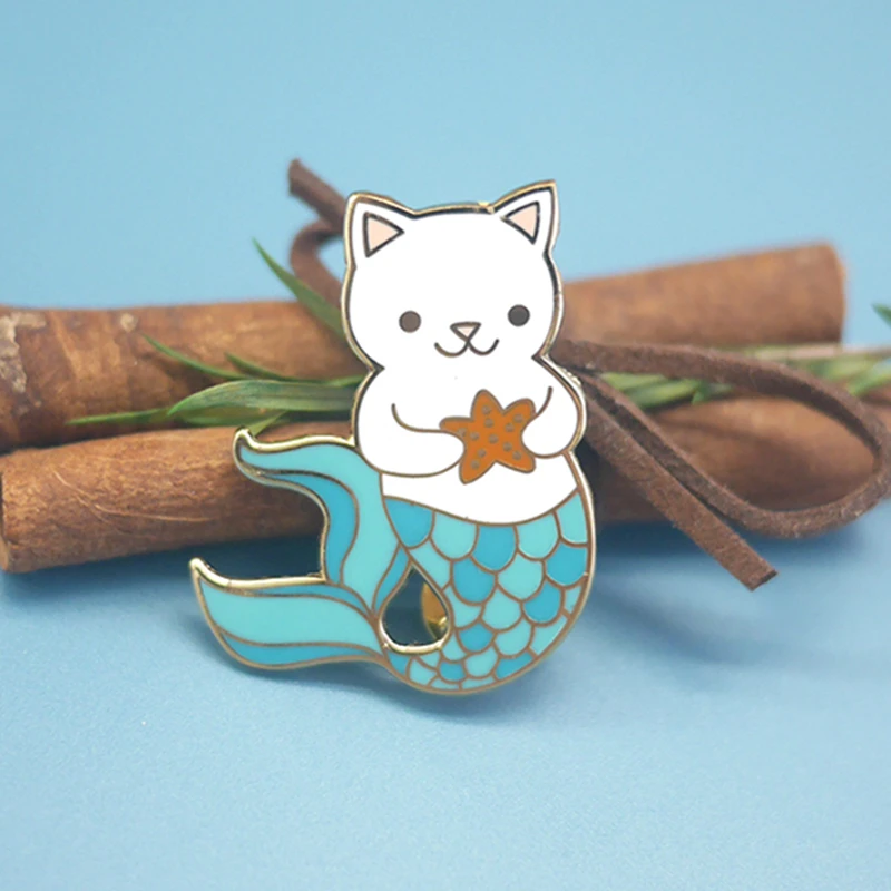 Cute Mermaid Cat with Shell Hard Enamel Pin Cartoon Animal Badge Pins Fashion Accessories Gift