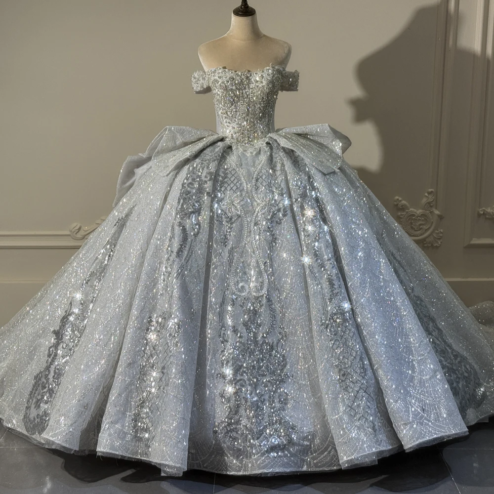 Luxury Silver Wedding Gown Rhinestone Beading Lace Off The Shoulder Ball Gown Long Tail  Robe De Mariée 2026