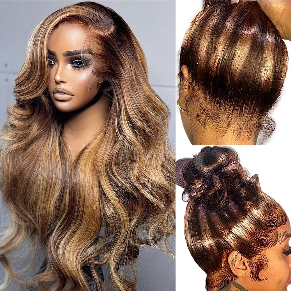 Perruque Full Lace Wig 360 naturelle, cheveux humains, Body Wave, P4/27 HD, pre-plucked, coloré, à reflets, 360