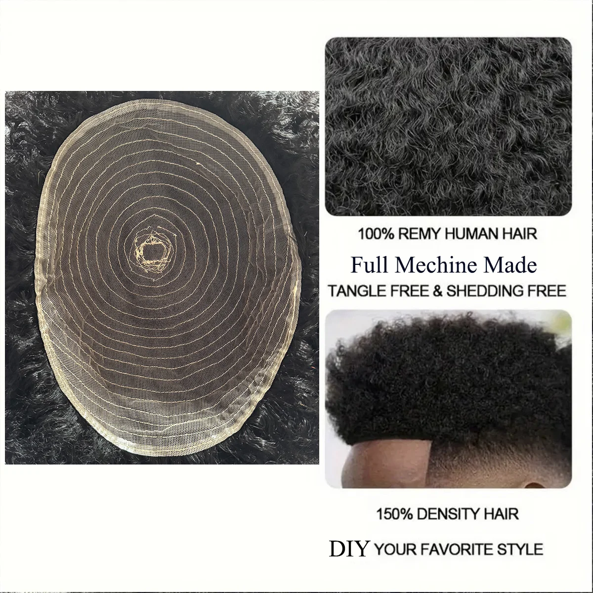 Afro Style Hair Toupee for Men or Topper for Women Machine Made hairpieces 100% Real Human Hair Replacement Systems Free for DIY