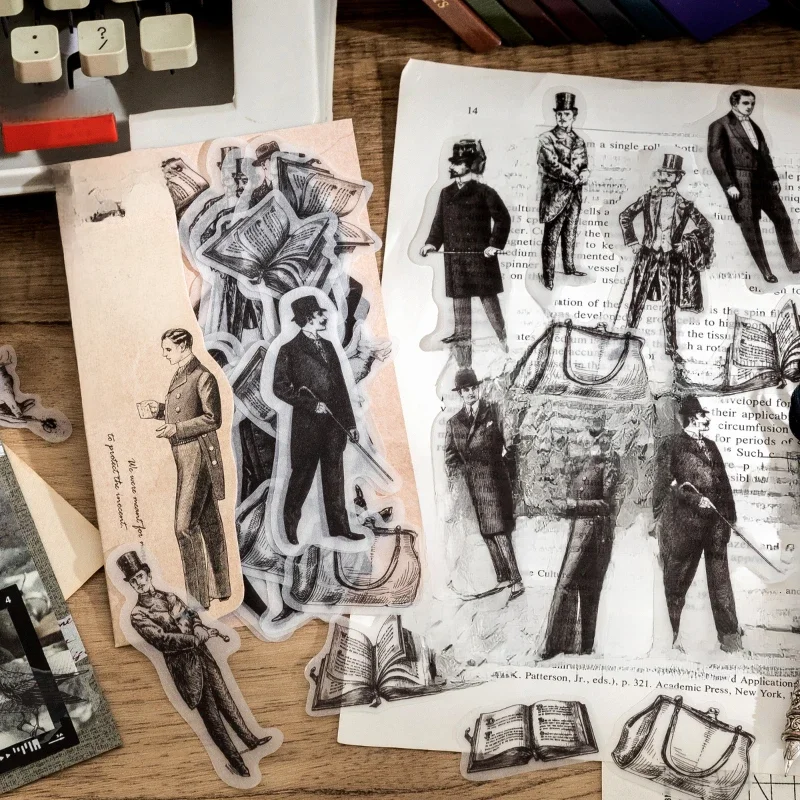 30 sztuk Vintage INS naklejki z postaciami wróżka dżentelmen czarny biały stare artykuły dekoracje materiał do scrapbookingu — zdjęcie 2