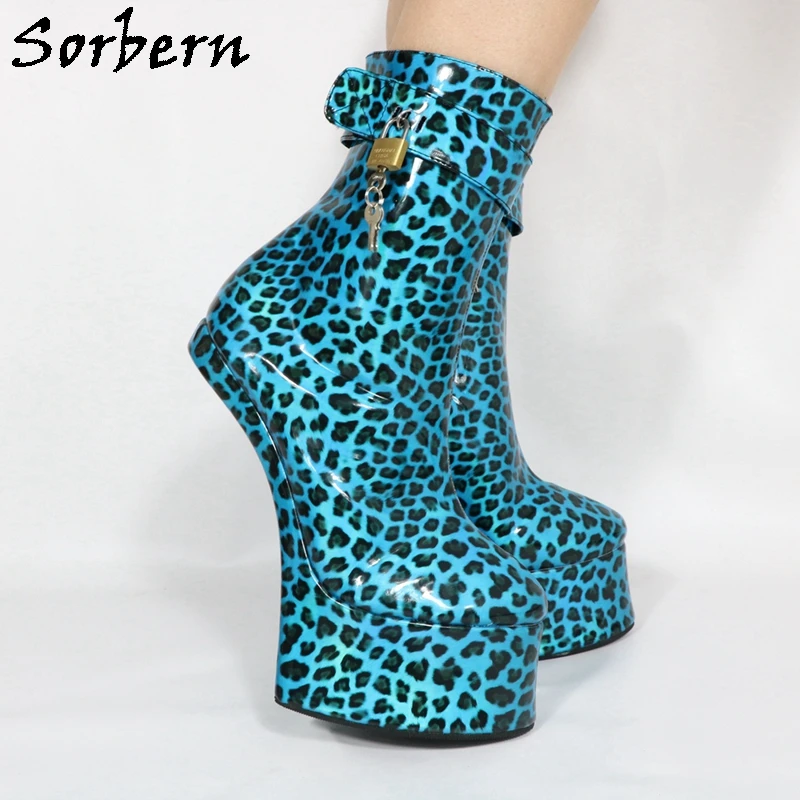 Sorbern Peacock Blue Leopard Ankle Boot With Locks Keys Heelless Ponyplay Heel Lockable Zipper Thick Platform Shoe Fetish Custom