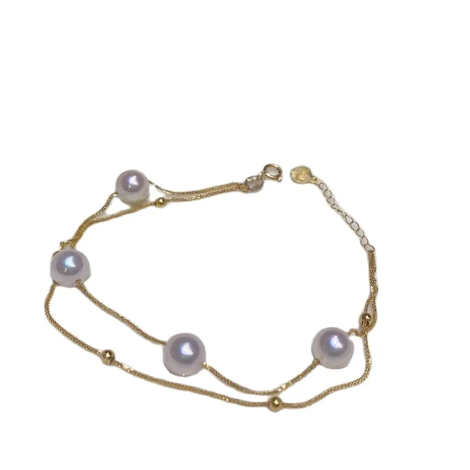 

MADALENA SARARA 18K Yellow Gold Women Bracelet Freshwater Pearl Duple Rows Extention Chain Au750 Stamp