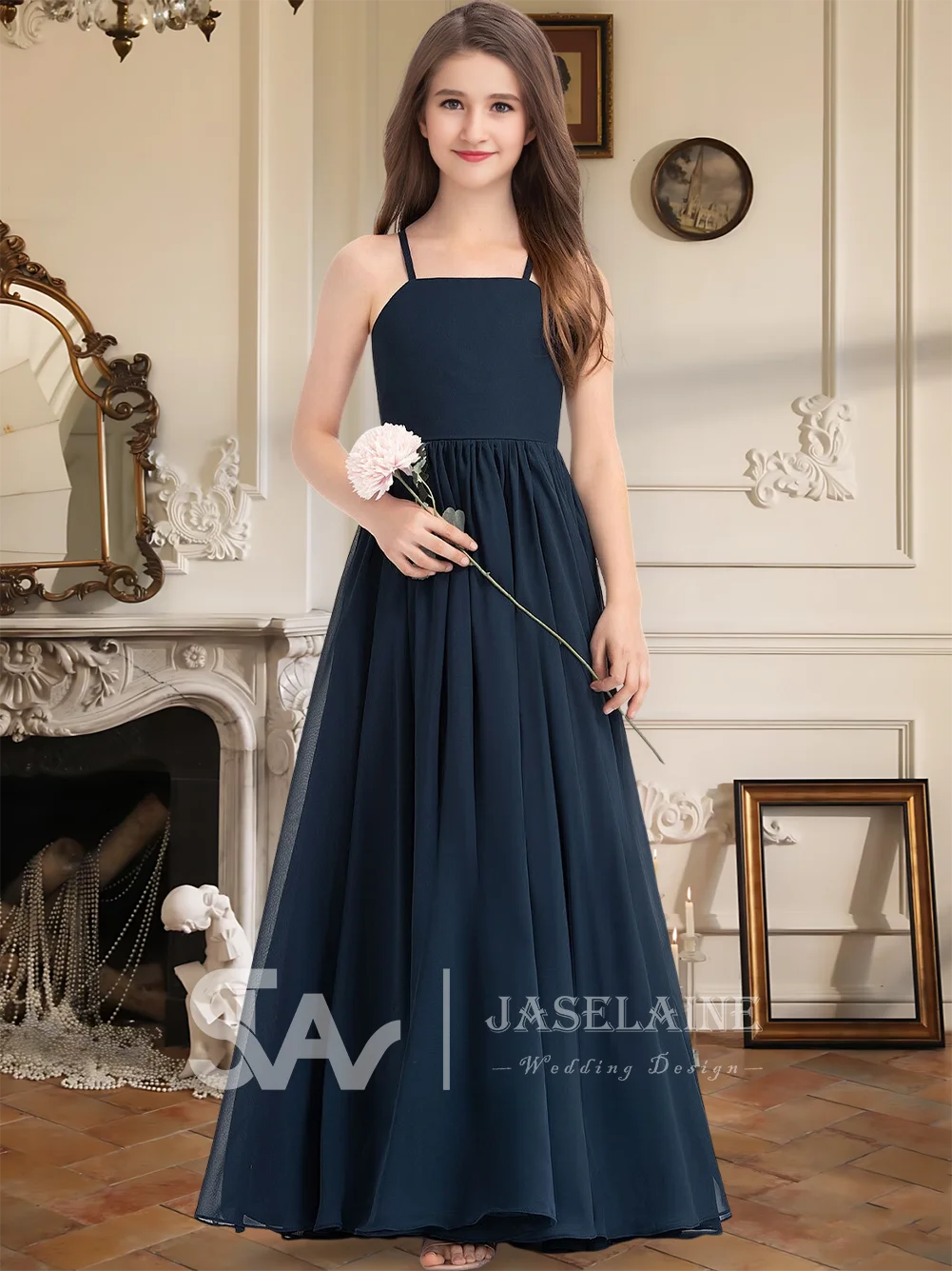 Elegant A Line Square Floor Length Chiffon Junior Bridesmaid Dress With Bow Flower Girl Dress Wedding Party Formal