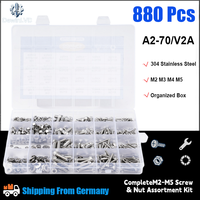 880pcs M2 M3 M4 M5 V2A Edelstahl 304 Stainless Steel Hex Socket Hexagon Screw Assortment Kit Rust-Free & Durable DIY Repair Kit