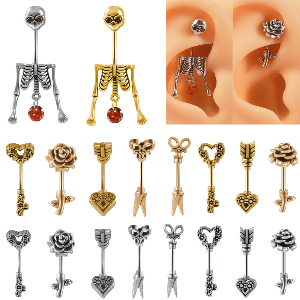 1PC Surgical Steel Skeleton Rook Piercing Arrow Feather Eyebrow Navel Ring Flower Straight Barbell Snug Tragus Earrings Piercing