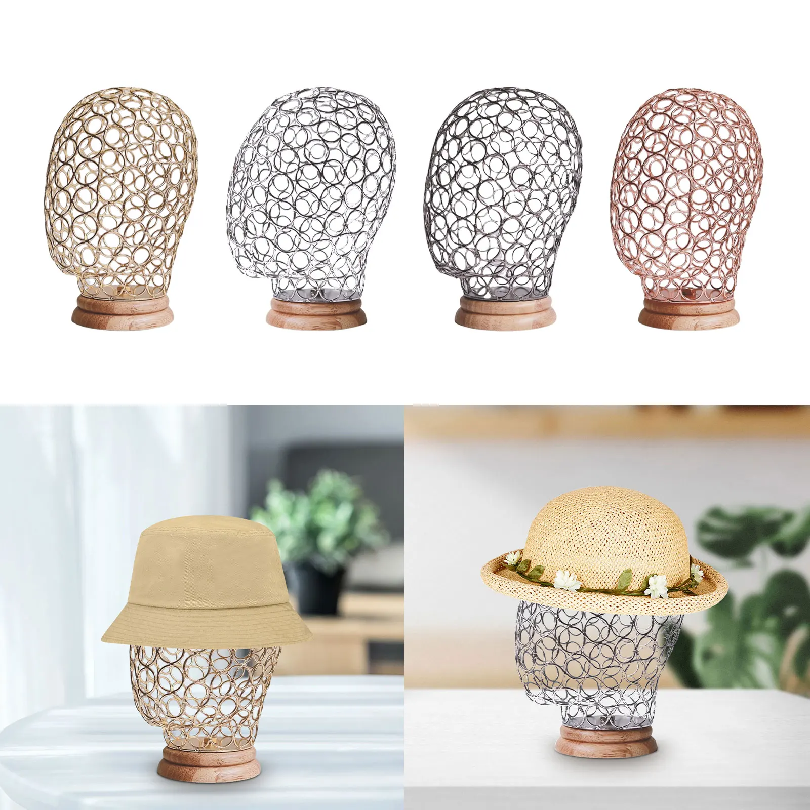 

Wig Holder, Wig Display Model Head, Wig Stand, Metal Hollow Mannequin Head with Wooden Base for Wig Headdress