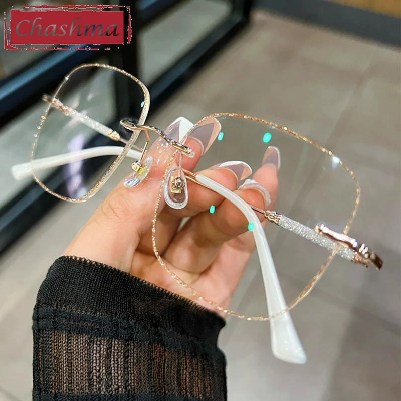 

Chashma Prescription Glasses Women Titanium Alloy Fashion Eyeglasses Glitter Edges Rimless Eyewear for Recipe Lenses Spectacles