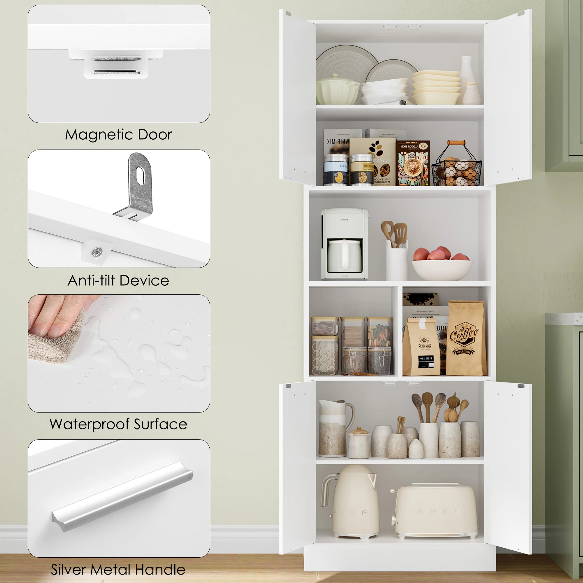 Getone Hochschrank Badschrank Badezimmerschrank Küchenschrank Mit Tür, offenem Fach, verstellbarer Trennwand 180x60x40cm