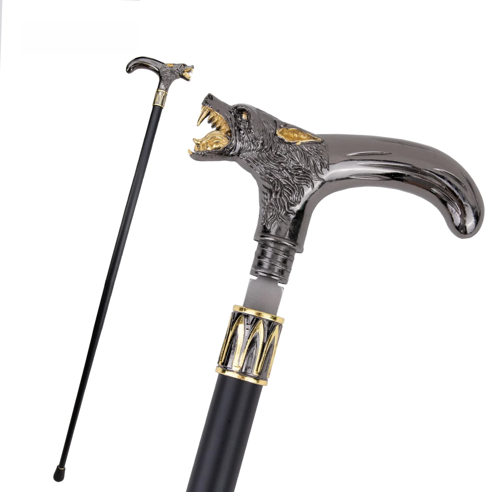 Bâton de marche mordant tête de loup noir doré, avec plaque cachée, auto-défense, plaque de canne à la mode, bâton de crosse Cosplay 93cm