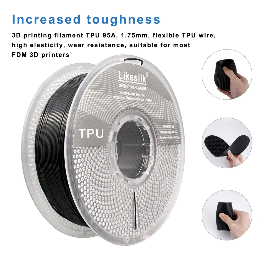 

Likesilk 95A ТПУ-нить, мягкая гибкая нить для 3D-принтера 1,75 мм, точность размеров +/- 0,03 катушка 1 кг (2,2 фунта), ТПУ-Бла