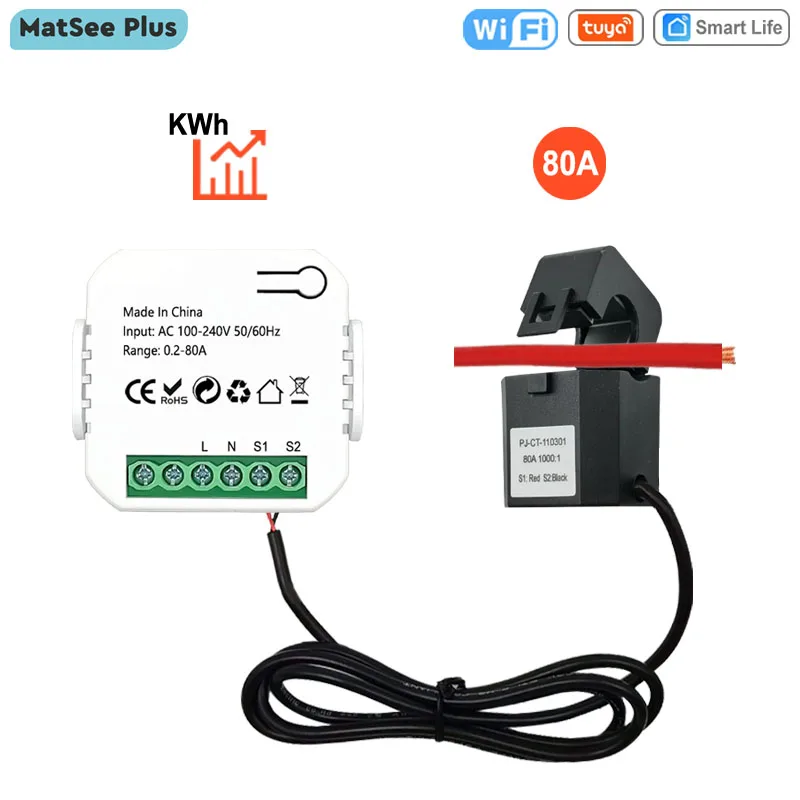 Tuya Smart Life WiFi Energy Meter 80A with Clamp CT App KWh Power Consumption Monitor Electricity Statistics 110V 240V 50/60Hz