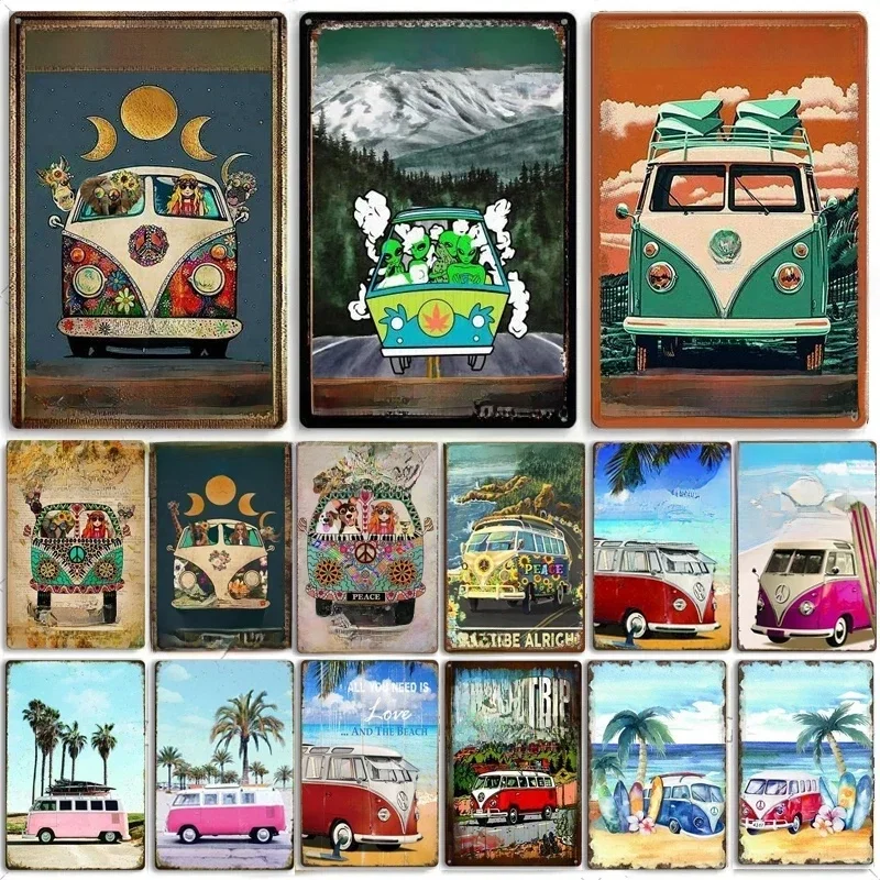 Plaque décorative en métal, camping car, plage, été, paix, bus, vintage, 18/panneaux, affiche, bar, garage, maison, mur, panneaux artistiques