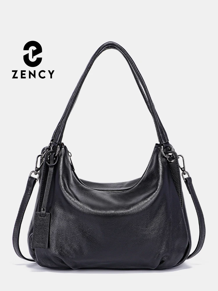 Zency New Black Beige Genuine Leather Hobo Bag Women Simple Classic Casual Handbag Shoulder Tote Soft Crossbody Big Pockets