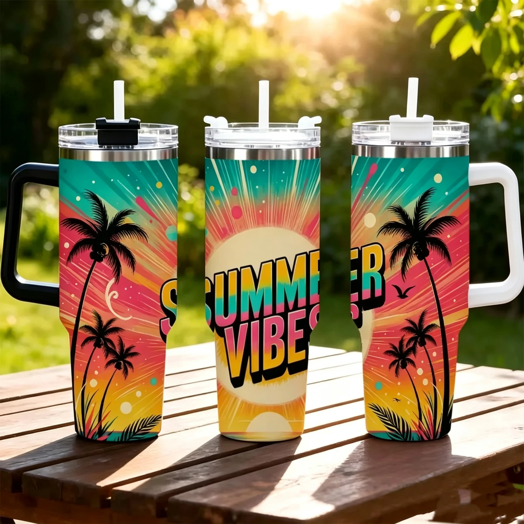 40oz Summer Vibes Retro Palm Tree Sunset Tumbler With Handle Straw Lid, Double Wall Vacuum Insulated Stainless Steel Travel Mug, Tropical Beach Print Cup For Car Outdoor