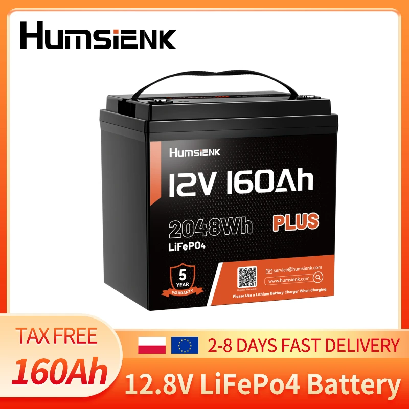 Batterie au lithium LiFePO4 Humsienk 12,8 V 160 Ah Max avec BMS 150 A intégré, 2048 Wh d'énergie, 15000+ cycles de charge, batterie au phosphate de fer et de lithium rechargeable à décharge profonde pour camping-car, marine, solaire, alimentation de secours