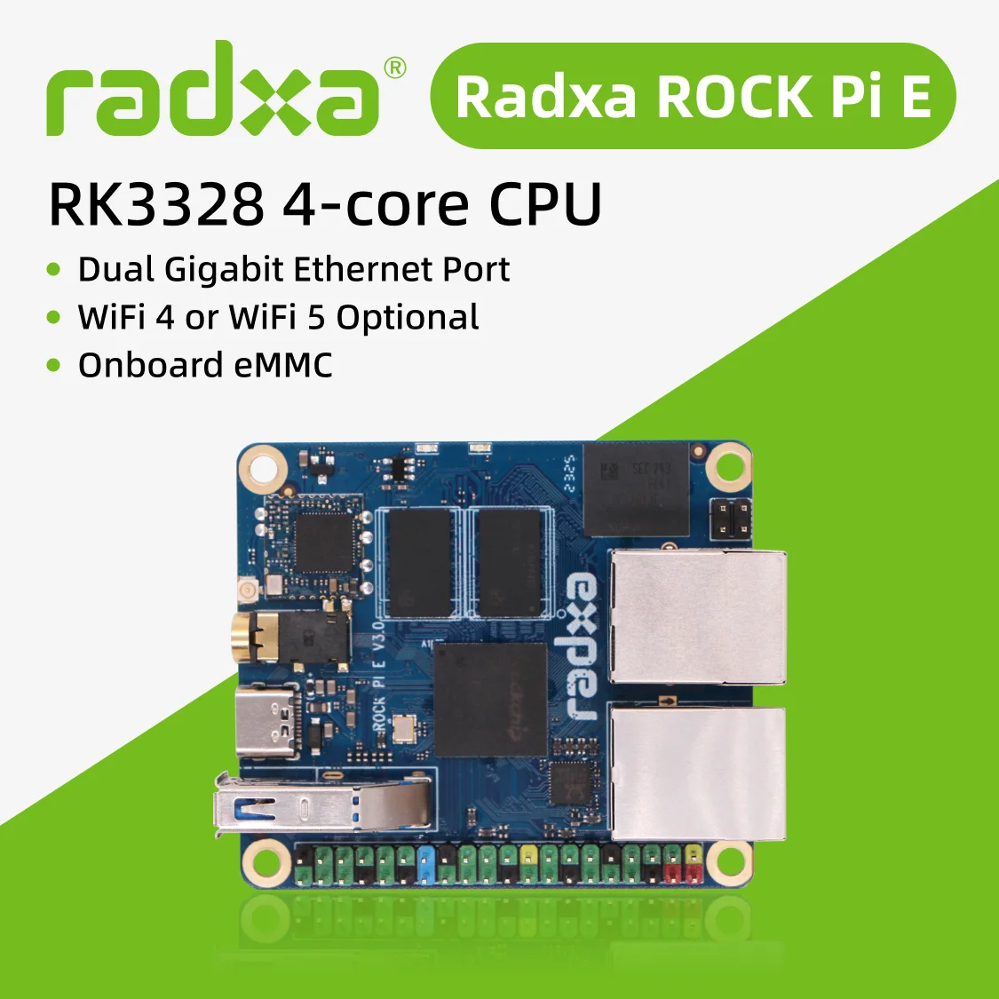 4-ядерный процессор Radxa ROCK Pi E RK3328, двухгигабитный Ethernet,WiFi4 или WiFi5 опционально и eMMC, однобортный компьютер