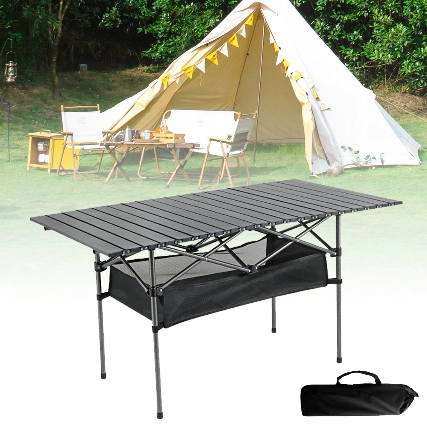 Foldable Camping Table Portable Tables With Storage Basket Camping Roll Table Outdoor Lightweight Table Rolling Long Table