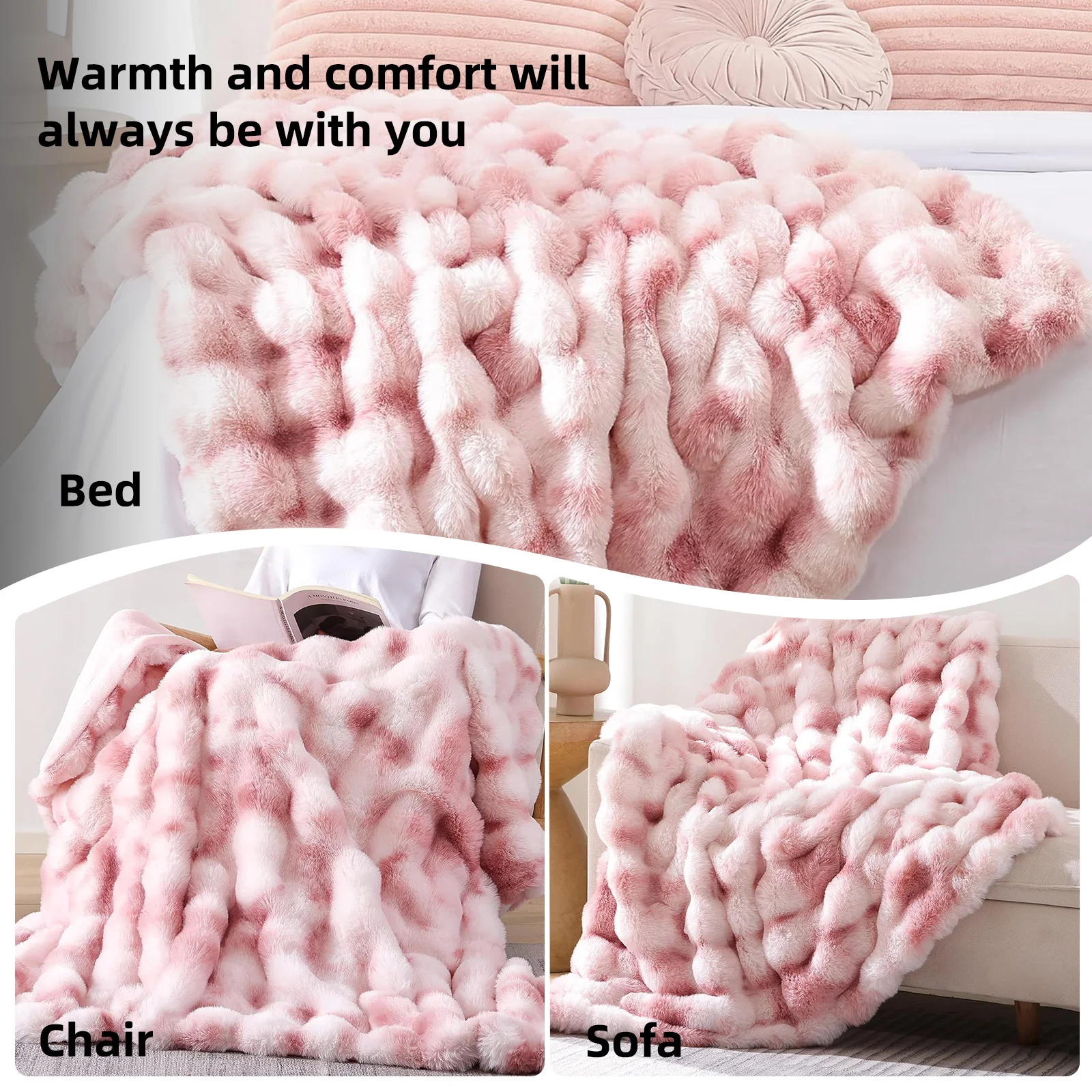 100% weighted Faux Rabbit Fur Throw Blanket, Ultra Soft Fluffy Thick Plush Fuzzy Blanket, Cozy Warm Luxury Bubble Furry Blanket for Sofa Couch Bed Chair, Decorative Shaggy Fleece Blanket for Home Bedroom Decor, All Season Use. view 7