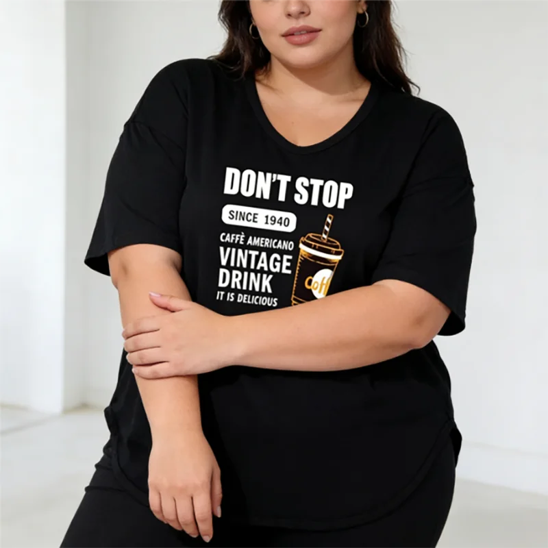 Plus size 40-150kg trendy coffee print oversized t shirt women casual loose u neck short sleeve graphic cotton summer top
