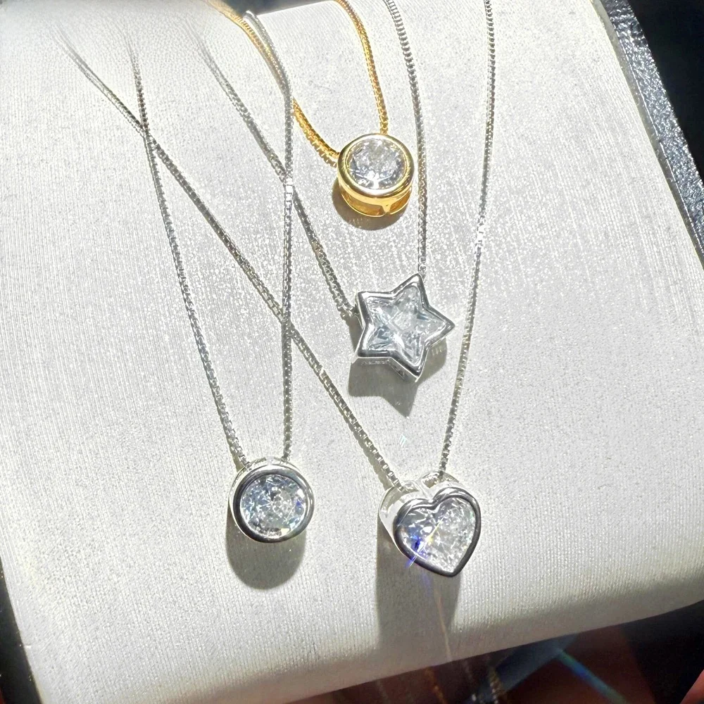 925 Sterling Silver Single Stone Heart Round Cubic Zirconia Delicate Box Chain Bezel Cz Single Charm Necklace Biżuteria damska — zdjęcie 2