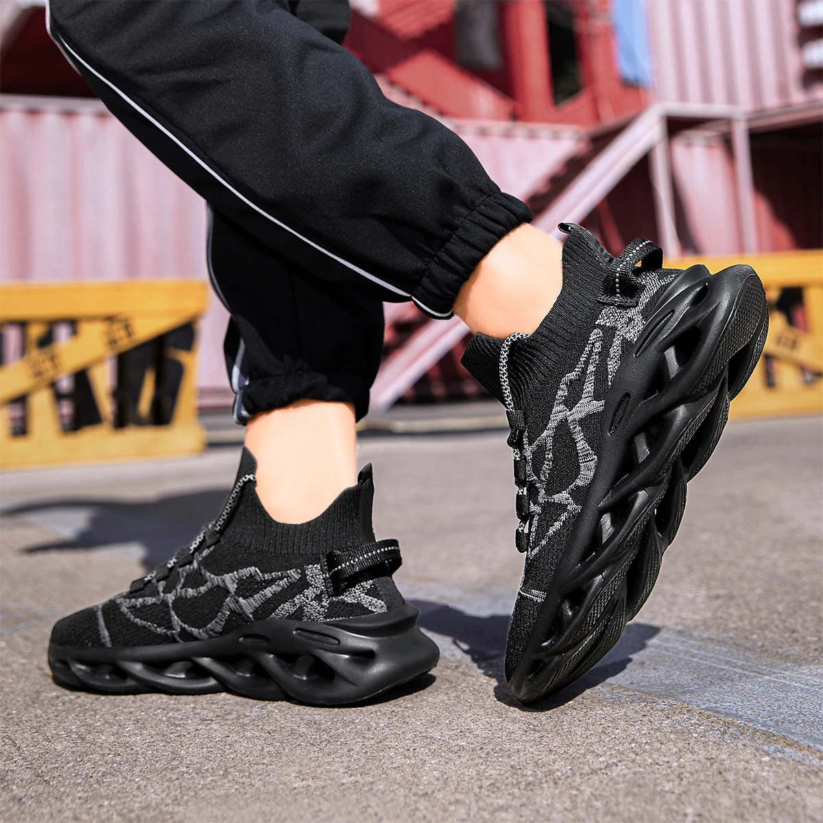Men’s High Top Mesh Knit Walking Shoes, Slip-On Breathable Sneakers, Cushioned Hollow Sole Street Casual Shoes