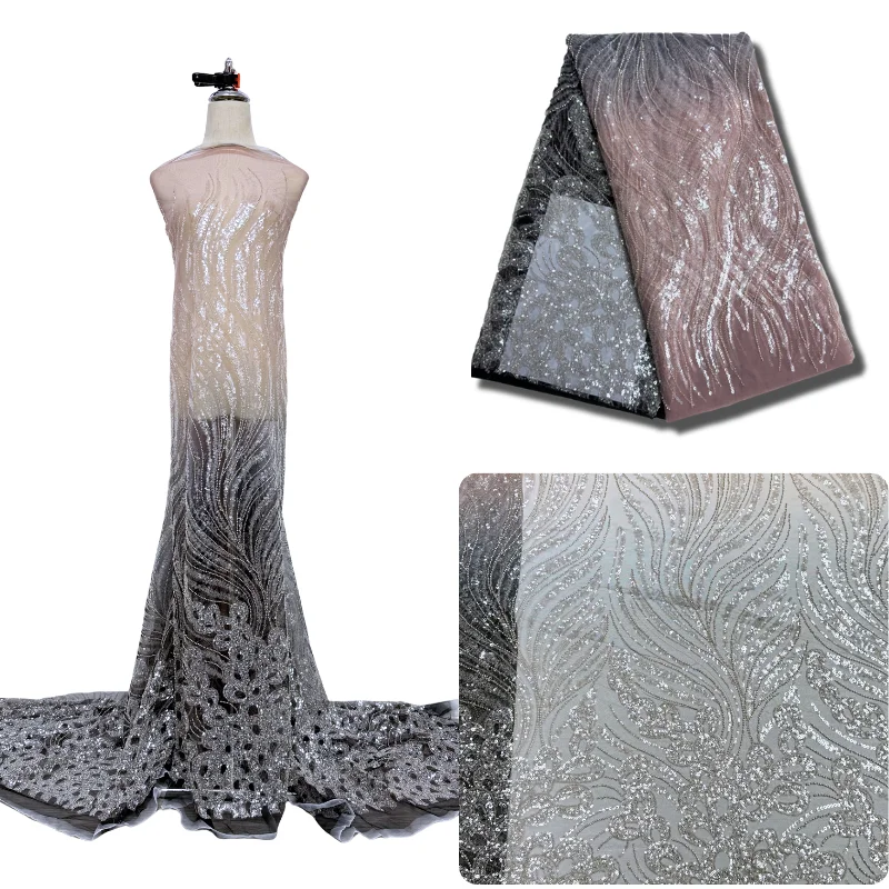 

Высококачественная африканская французская кружевная ткань с градиентом, двухцветная вышивка бисером и блестками, нигерийское тюлевое кружево для свадебного платья