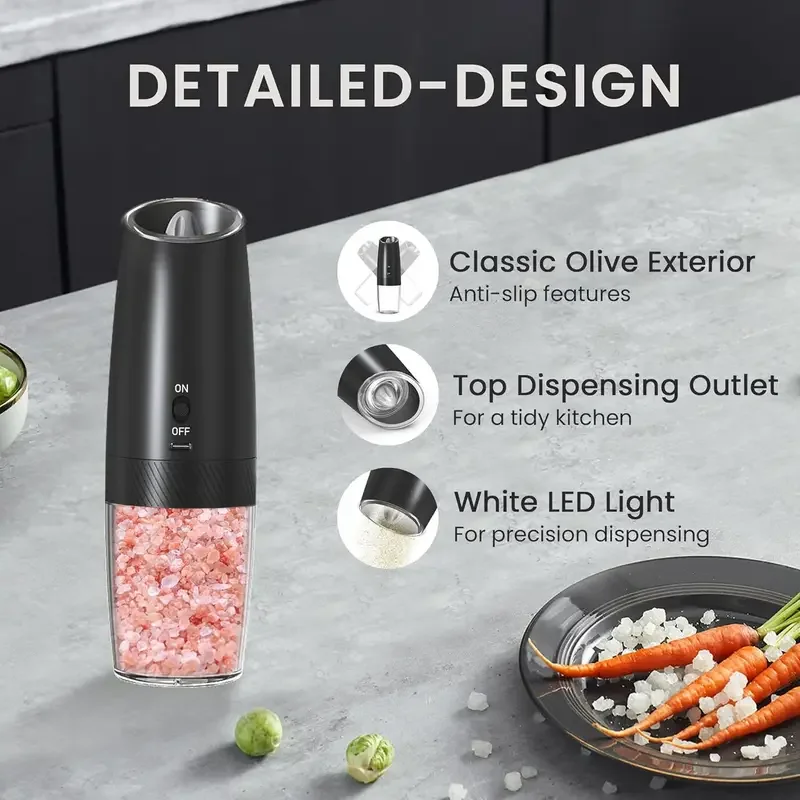 مجموعة مطحنة الملح والفلفل المنشط بالجاذبية - عبوة من المطاحن الكهربائية القابلة لإعادة الشحن مع ضوء LED |   لا بطاريات، خشنات قابلة للتعديل #5