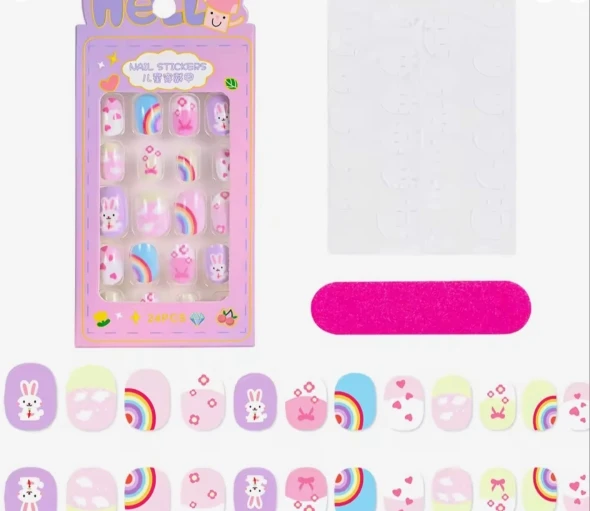 24Pcs/box Kids nails for Girl Cartoon Pattern False Nail Cute Child Fake Nails Tips Kawaii Acrylic Artificial Press on Nail+Tool photo review
