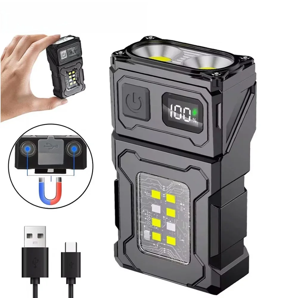 MINI lampe de poche LED Rechargeable par USB, lampe de poche Portable à aimant arrière, lanterne de Camping Super brillante, lumière de secours COB latérale