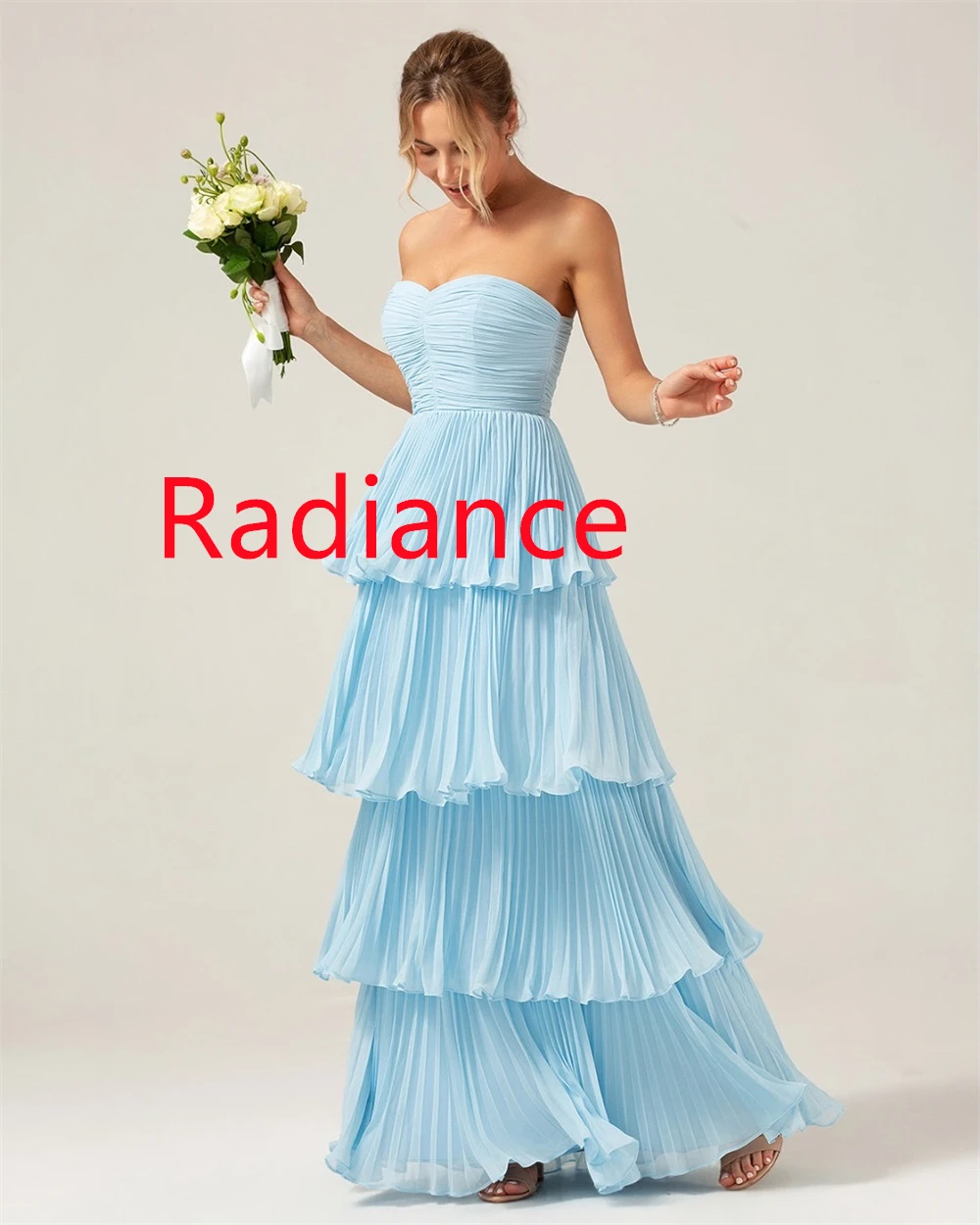 Vestido de noche de gasa azul claro exquisito personalizado, vestidos para ocasiones especiales sin tirantes de alta calidad sin mangas con cremallera en la espalda