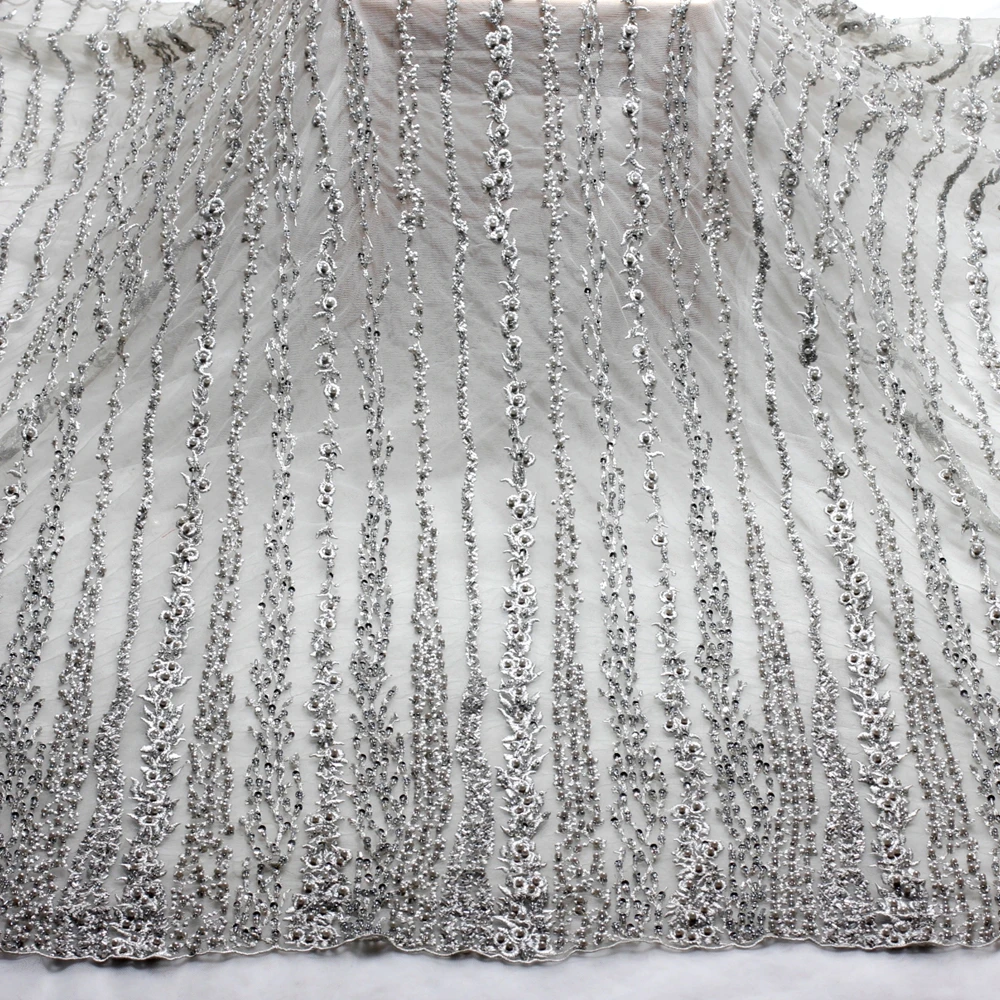 

HelluyerDc popular Gray,light pink hand beaded lace fabric,lines patterns embroidery for wedding prom dress fabric by the yard