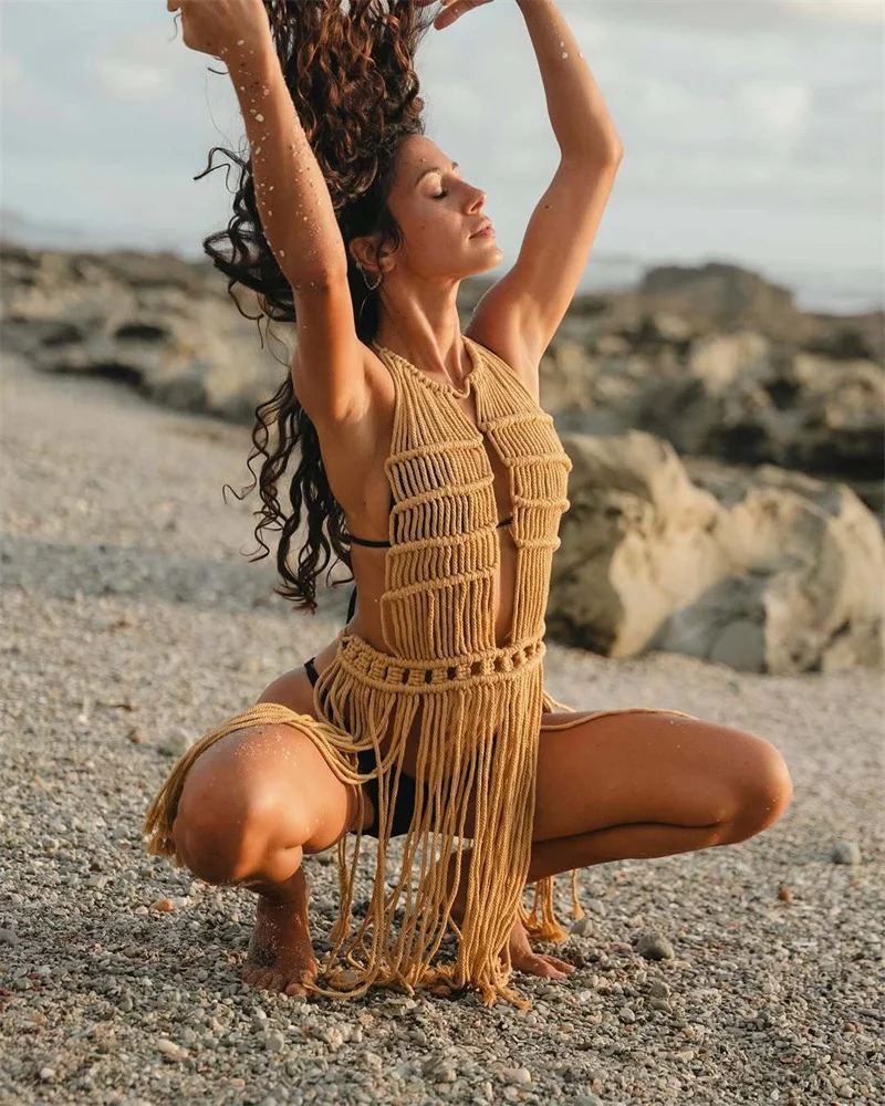 Women's Tassel Crochet Bikini Cover Up, Sexy Halter Lace Up fishnet  Fringe Bohemian Beach Dress, Knit Swimsuit Sarong Outfits view 4