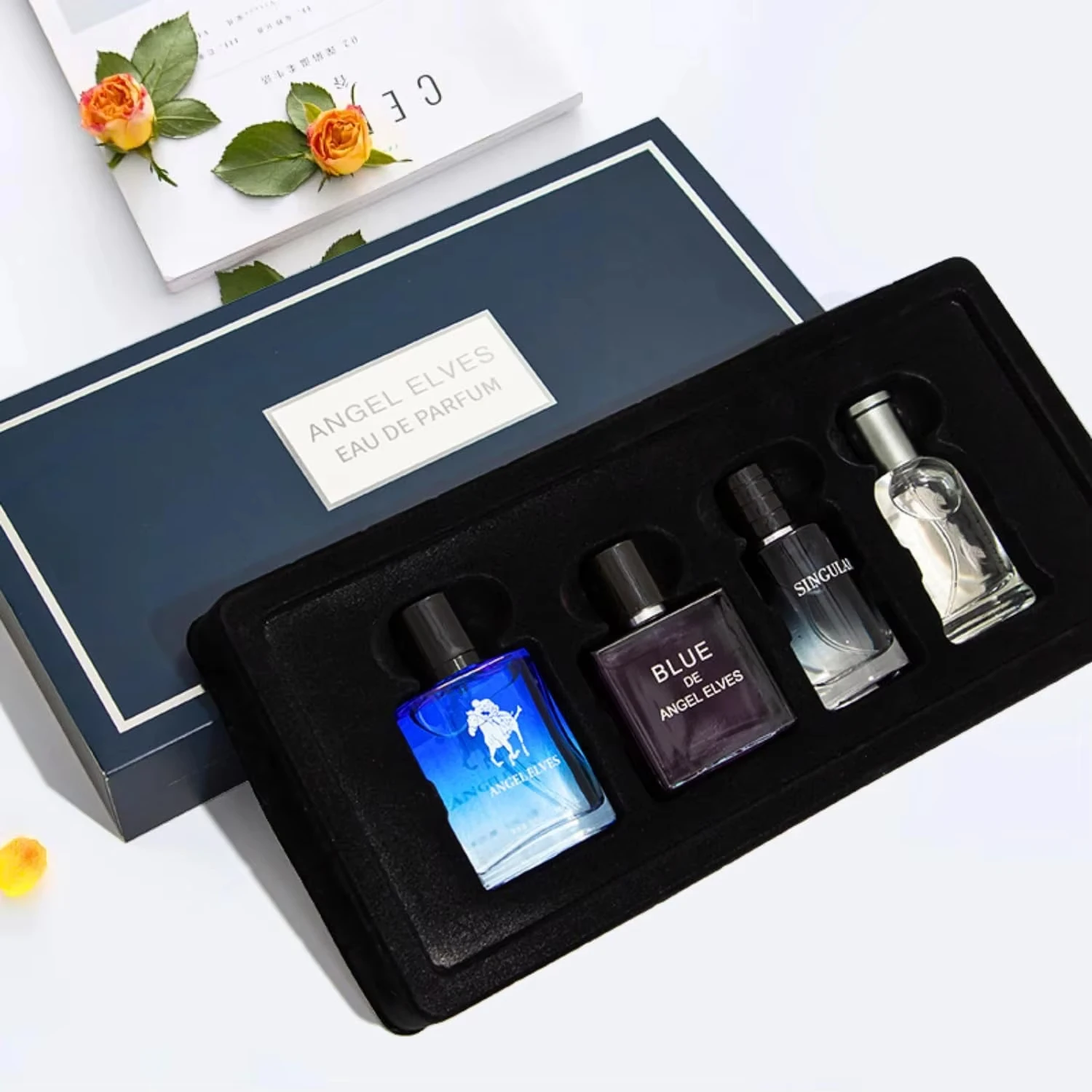 Set de 4 perfumes para hombre, ANGEL ELVES Eau de Parfum, caja de regalo con fragancia duradera para hombre, aroma amaderado cítrico, perfecto para uso diario.