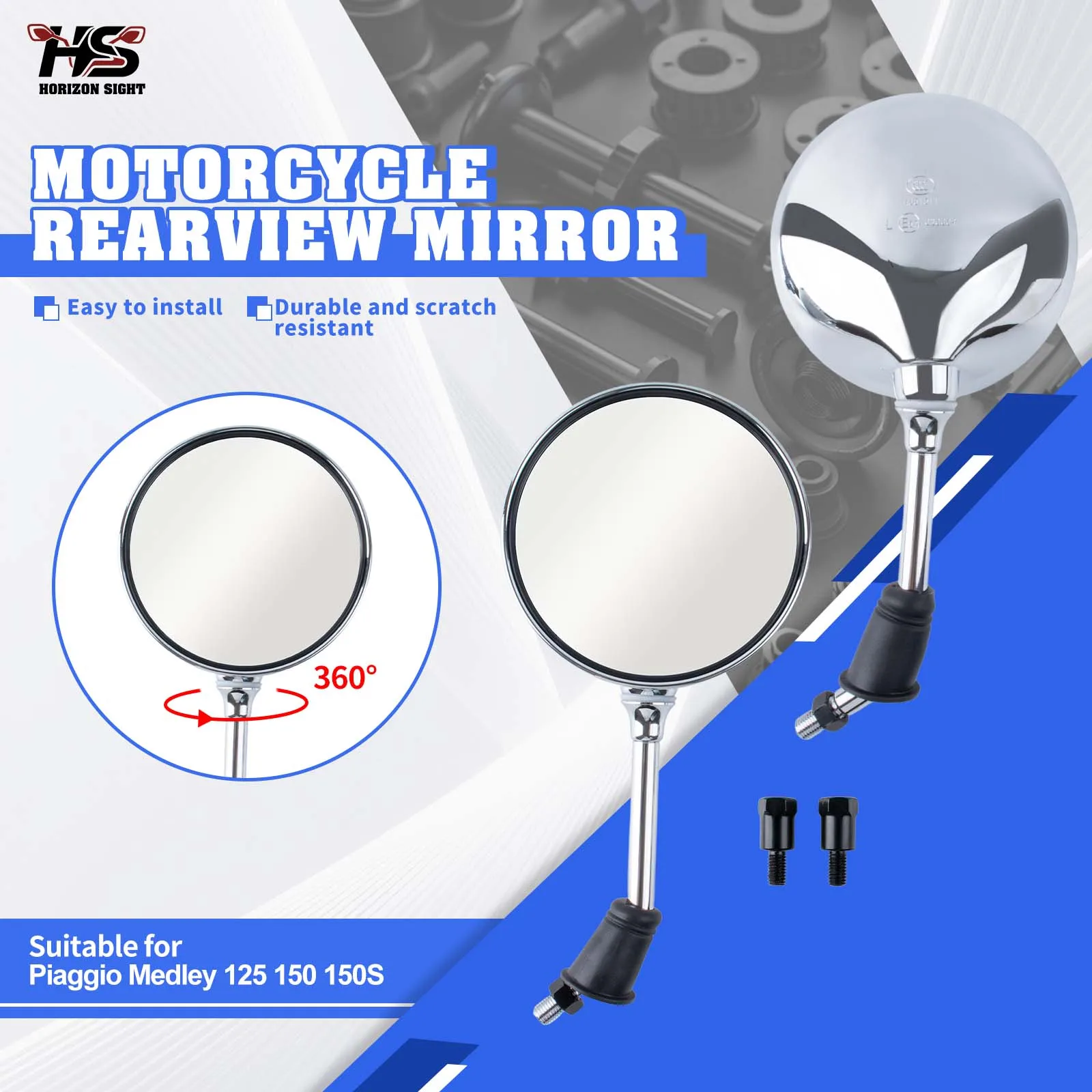 HS Motorcycle Rearview Mirror Side Mirrors 10mm Clockwise 8mm Reverse Thread For Piaggio Medley 125 150 150S