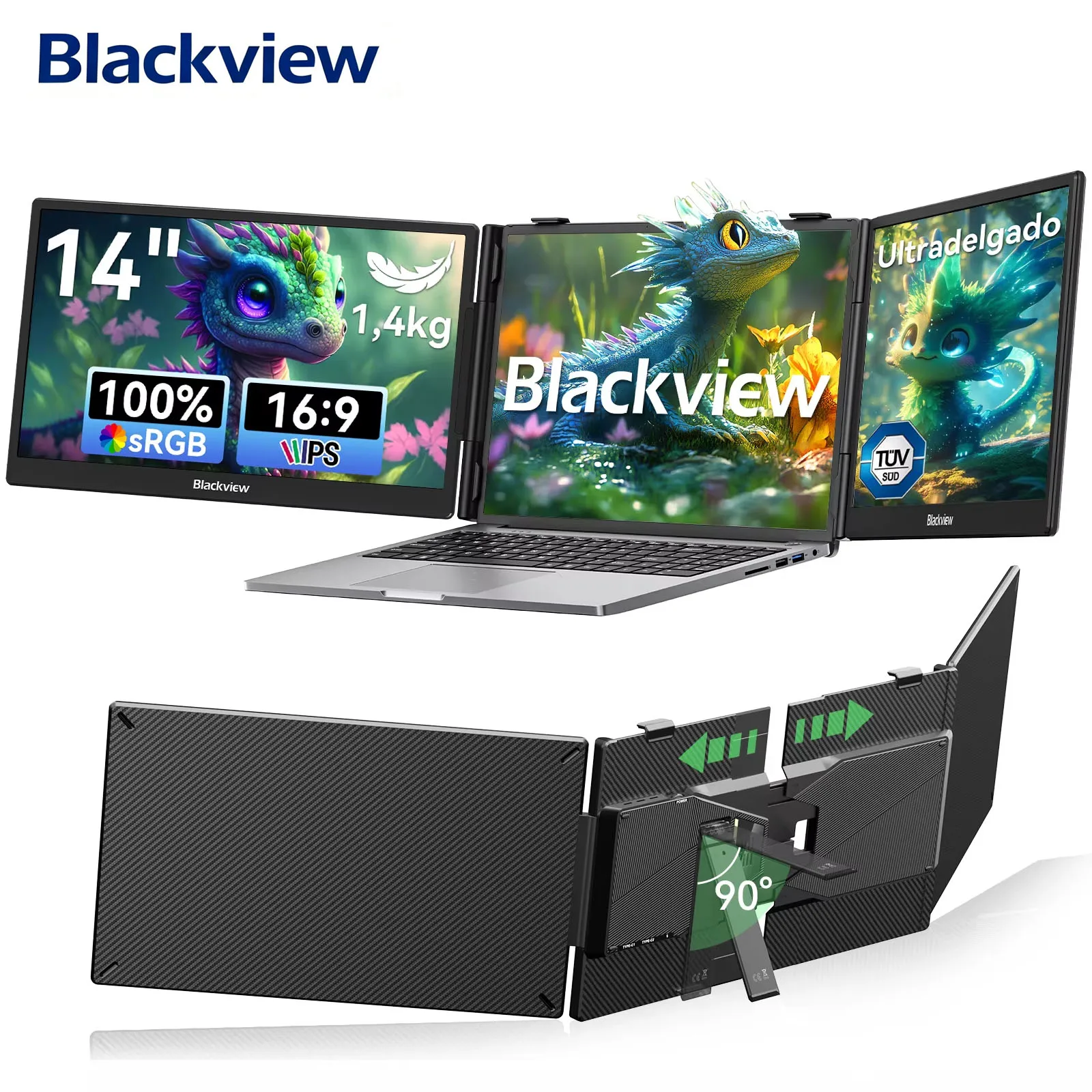 Blackview DCM5 Dreifach-Laptop-Bildschirmerweiterer, 14" 1080P FHD 16:9 IPS LCD Tragbarer Monitor, Ultra-Slim Reise-Dual-Erweiterungsbildschirm, geeignet für 13"-17,3"-Laptops, USB-C Plug&Play,