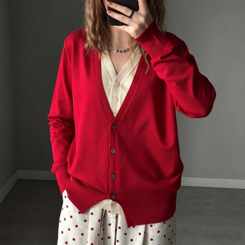 Fake Two-piece Red Cardigan Women's Long Sleeve V Neck Loose Sweater Autumn Winter Trend Knit Cardigan Short Jacket Lady Jumper