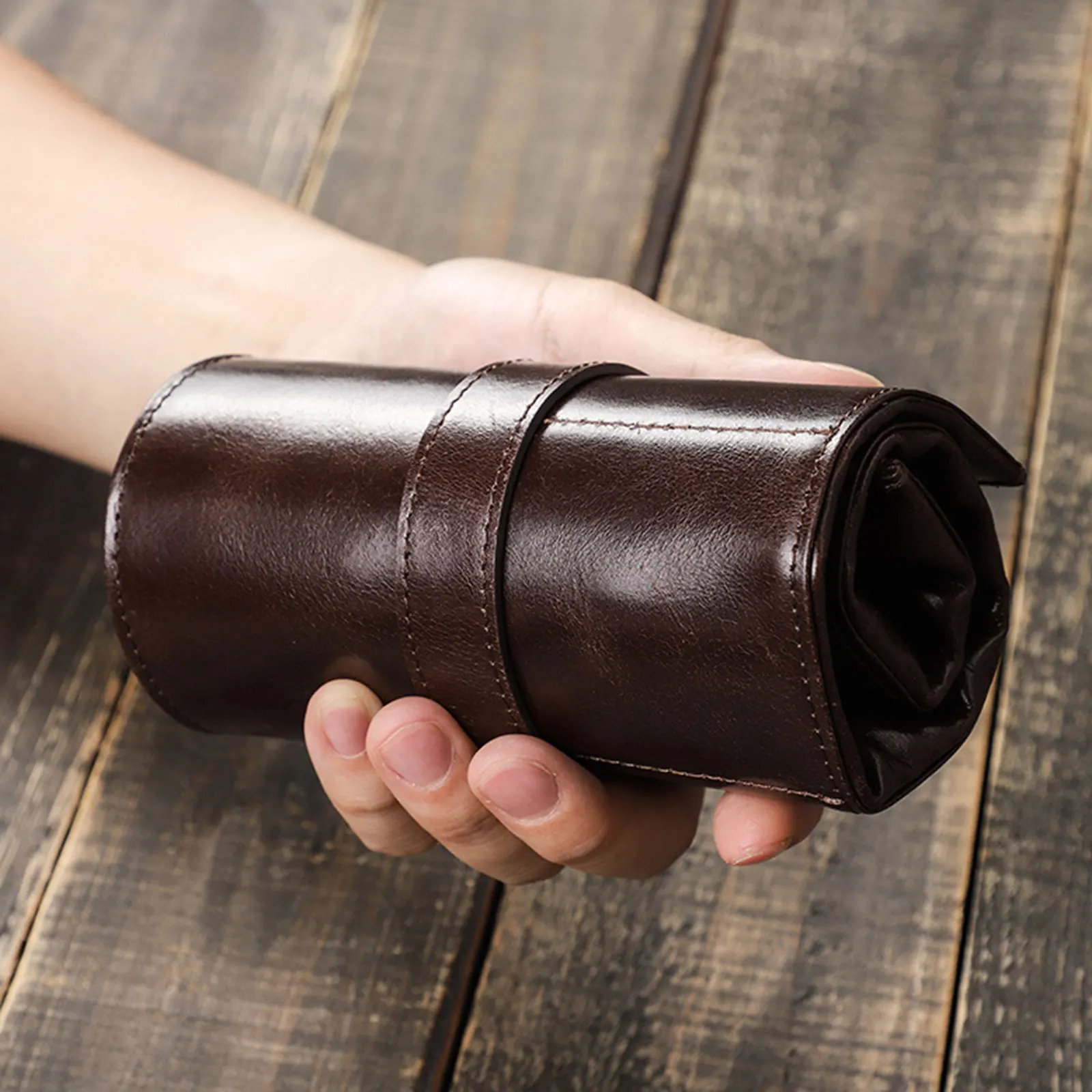 Portable Exquisite 3 Slots Watch Roll Handmade Leather Display Watch Storage Box with Slid in Out Watch Organizers for Husband