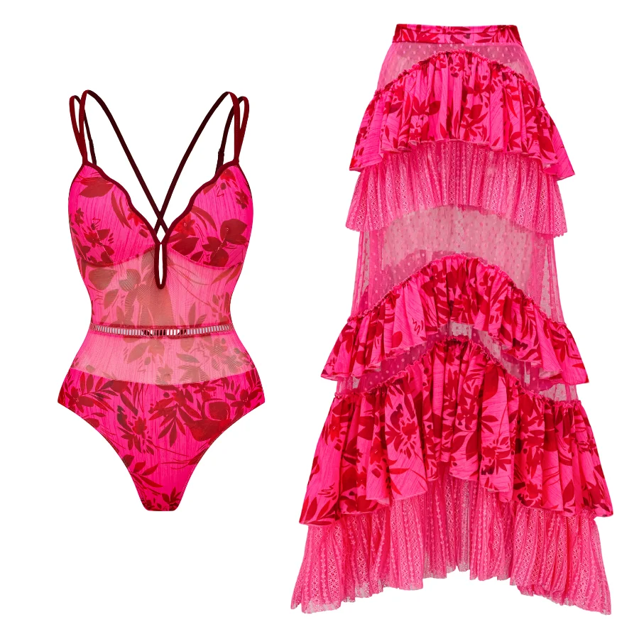 

2024 Women Rose Red Flower Print Net Yarn Splicing One Piece Swimsuit and Tiered Skirt Beachwear bikini Two piece Bathing Suit