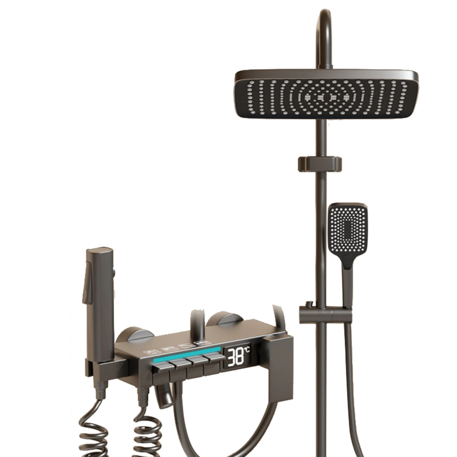 Ensemble de pommeau de douche noir avec affichage numérique de la température, système de douche à effet pluie avec 4 sorties pour salle de bain moderne
