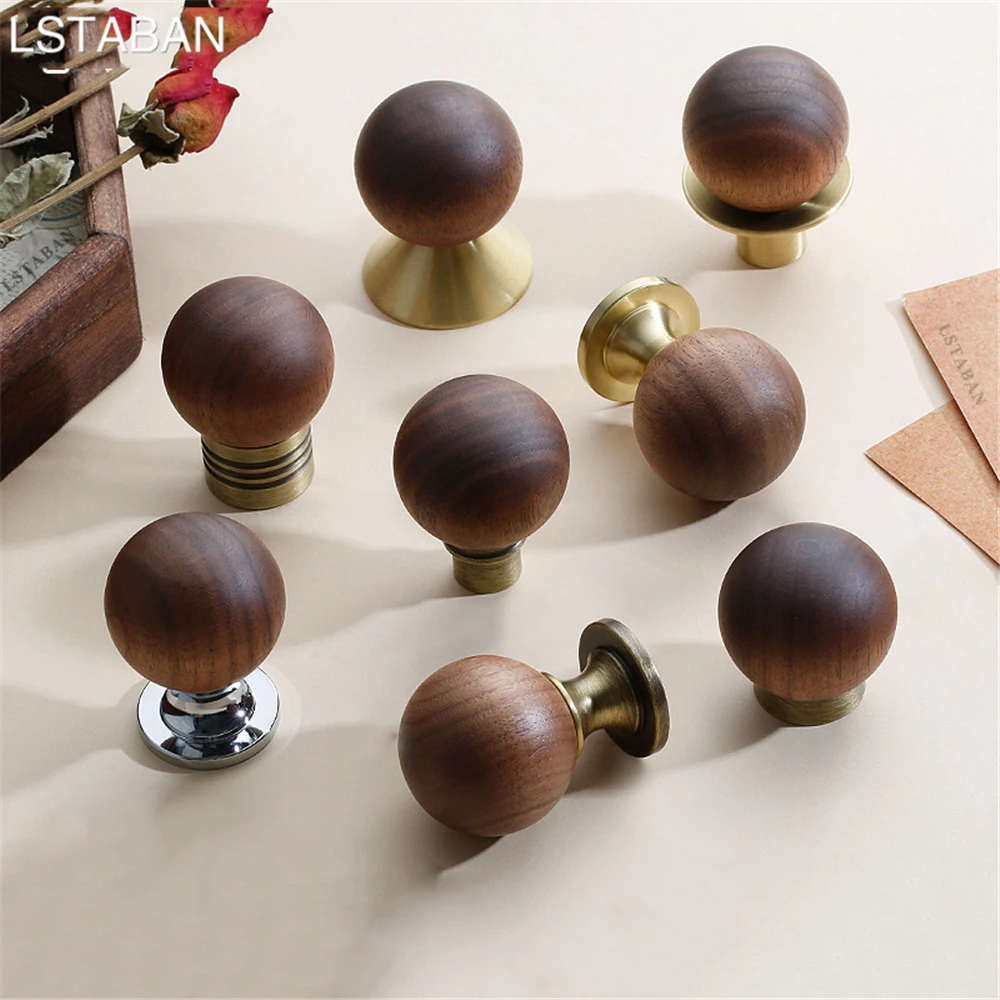 French Light Luxury Walnut Cabinet Door Handle Solid Wood Kitchen Cabinet Knob Wardrobe Door Drawer Pull Antique Brass Ball Knob