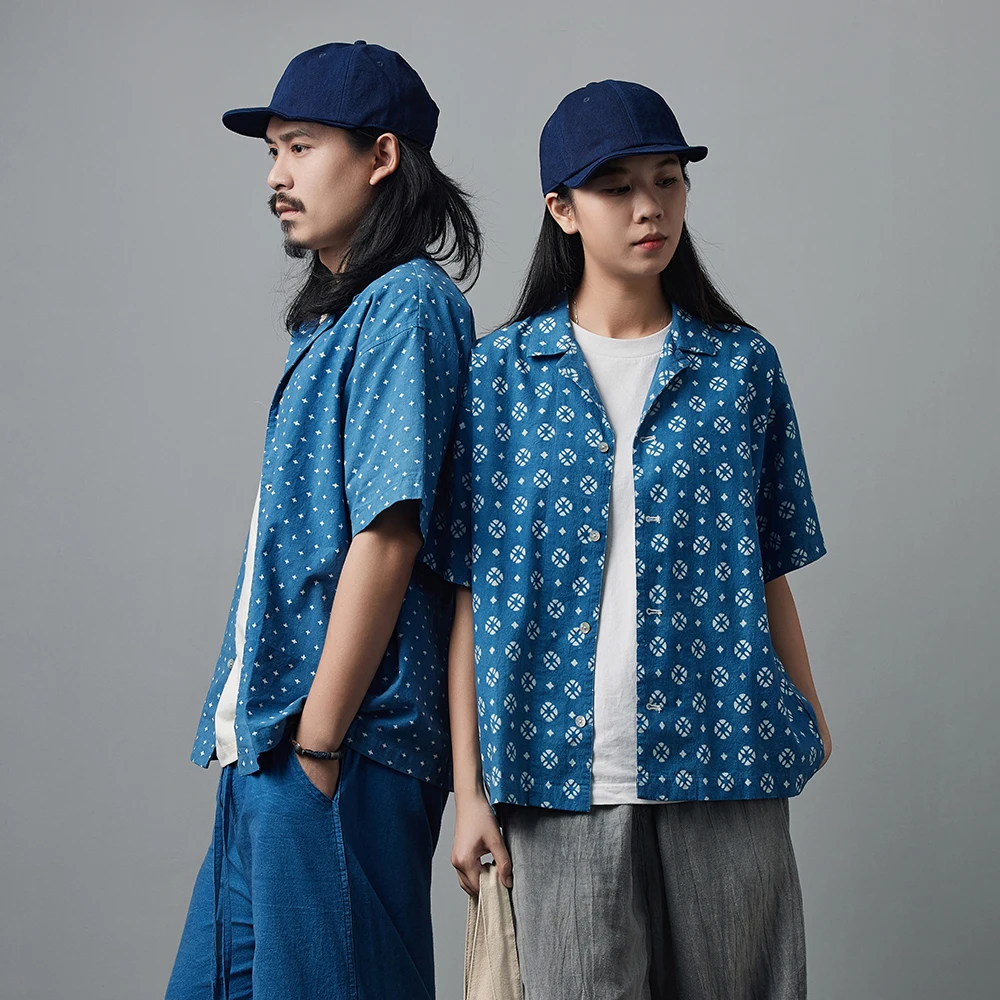 

Винтажная рубашка с принтом индиго, мужская летняя новая синяя окрашенная кубинская рубашка с лацканами и короткими рукавами, хлопковый повседневный кардиган, топы