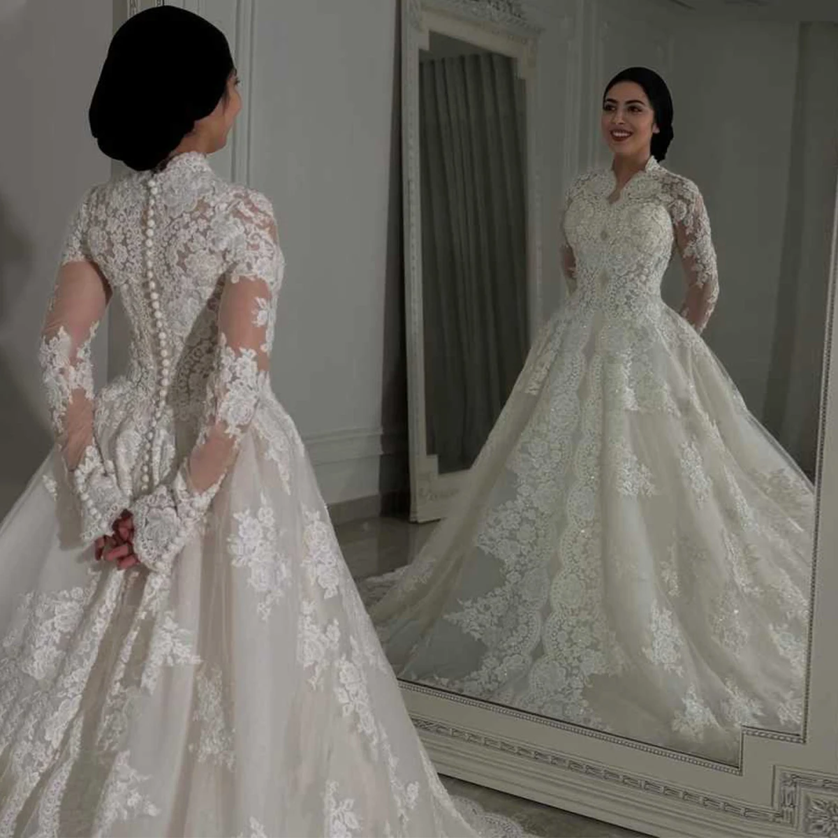 

Изысканное свадебное платье с 3D-цветами, кружевом, длинными рукавами, корсетом на пуговицах, А-силуэт, аппликации, роскошное, на заказ