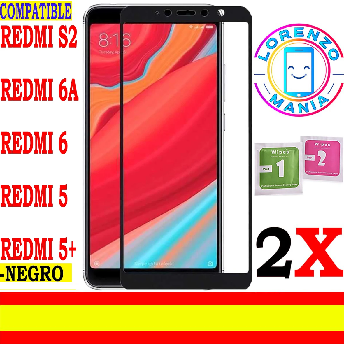 2 Screen Protector Compatible Xiaomi Redmi S2, Redmi 6, Redmi 6A, Redmi 5, Redmi 5 Plus, Redmi Note 5A Prime, explosion proof tempered glass full black and white