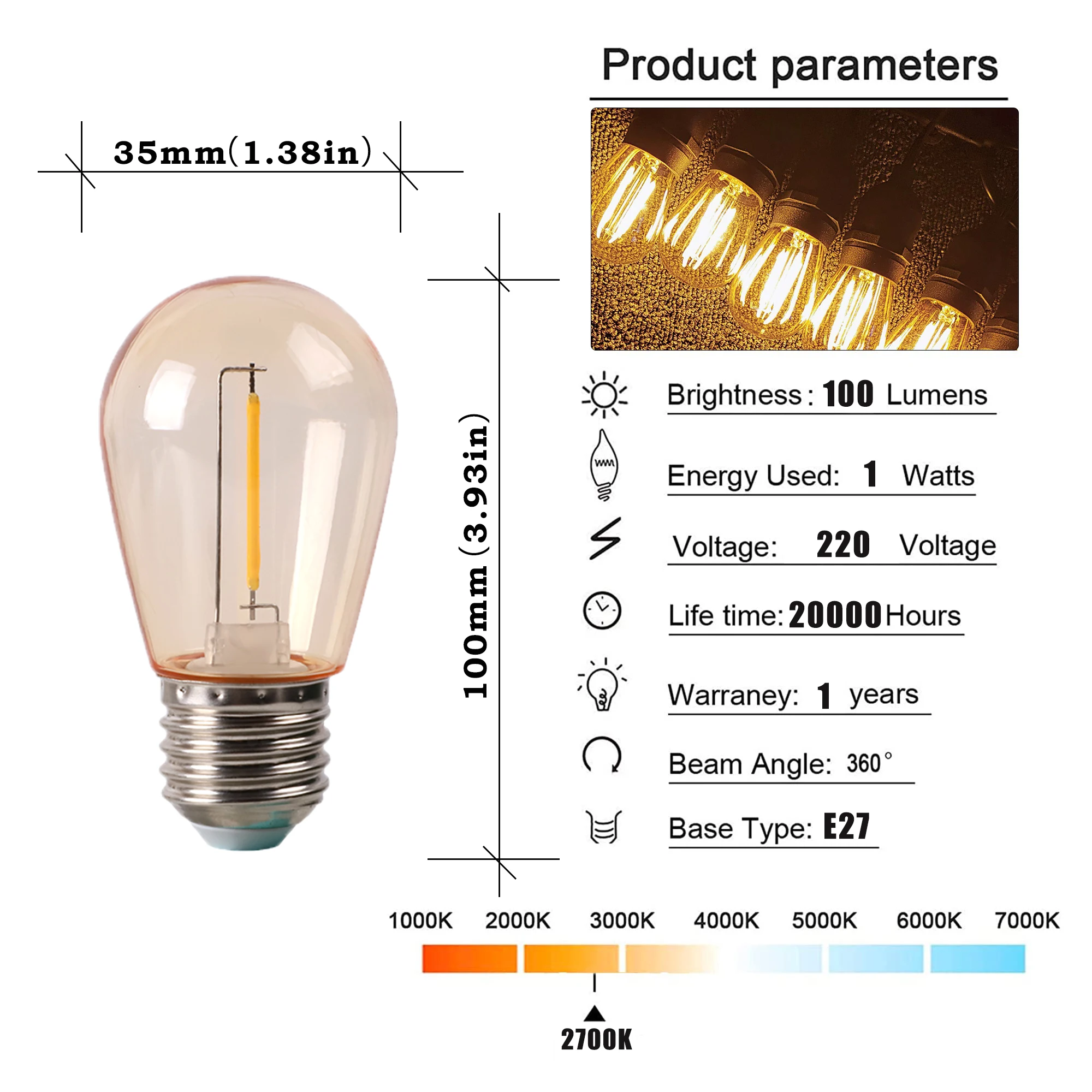 Bombilla Led de plástico S14 para cadena de luz exterior, 1W, 2W, E27, 220v, Blanco cálido, 2700k, Vintage, Edison