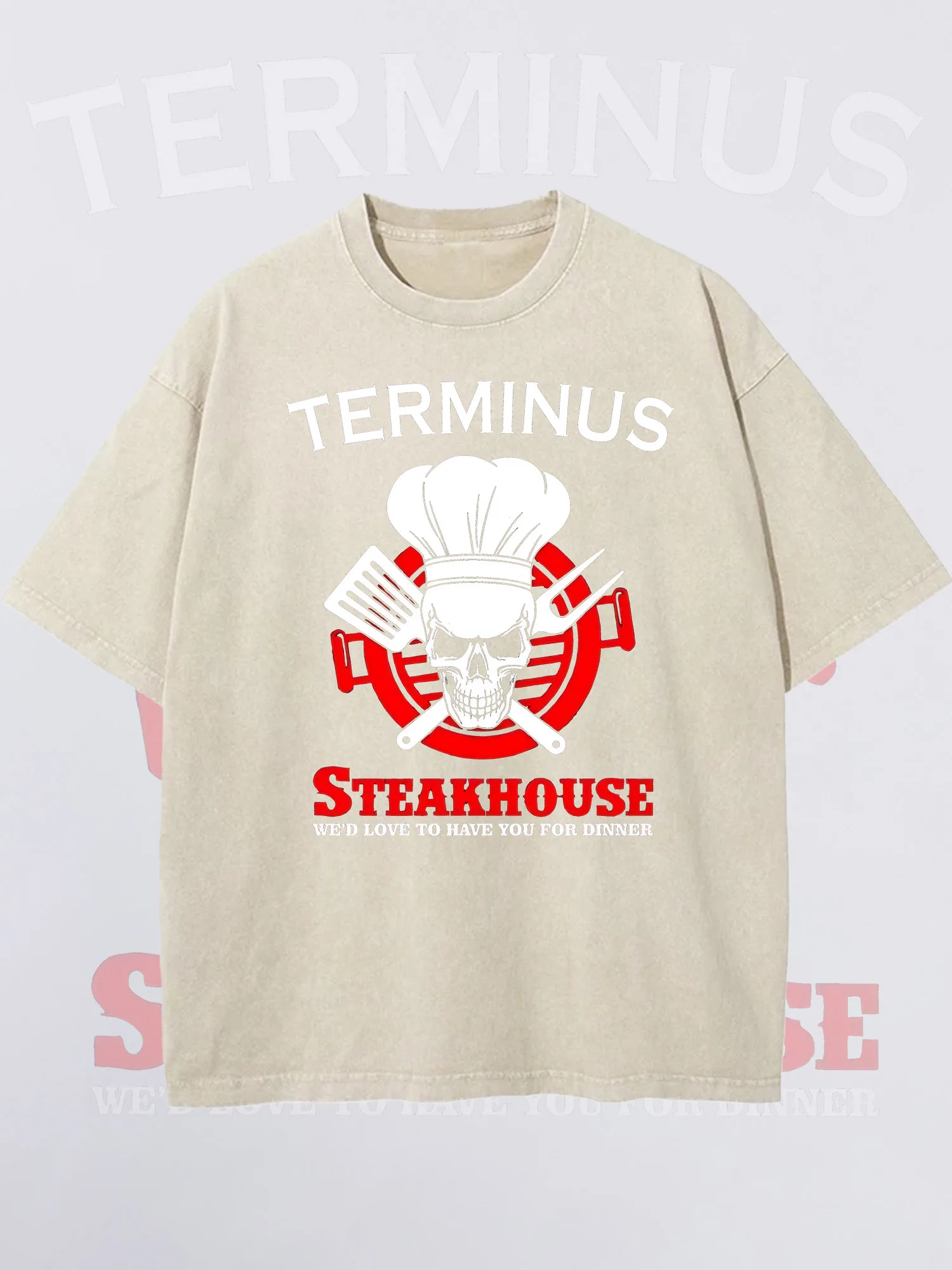 

Men's T-Shirts Terminus Steakhouse Printed Apricot Short-Sleeved Round Neck Loose Summer 100% Pure Cotton Acid Washed Christmas