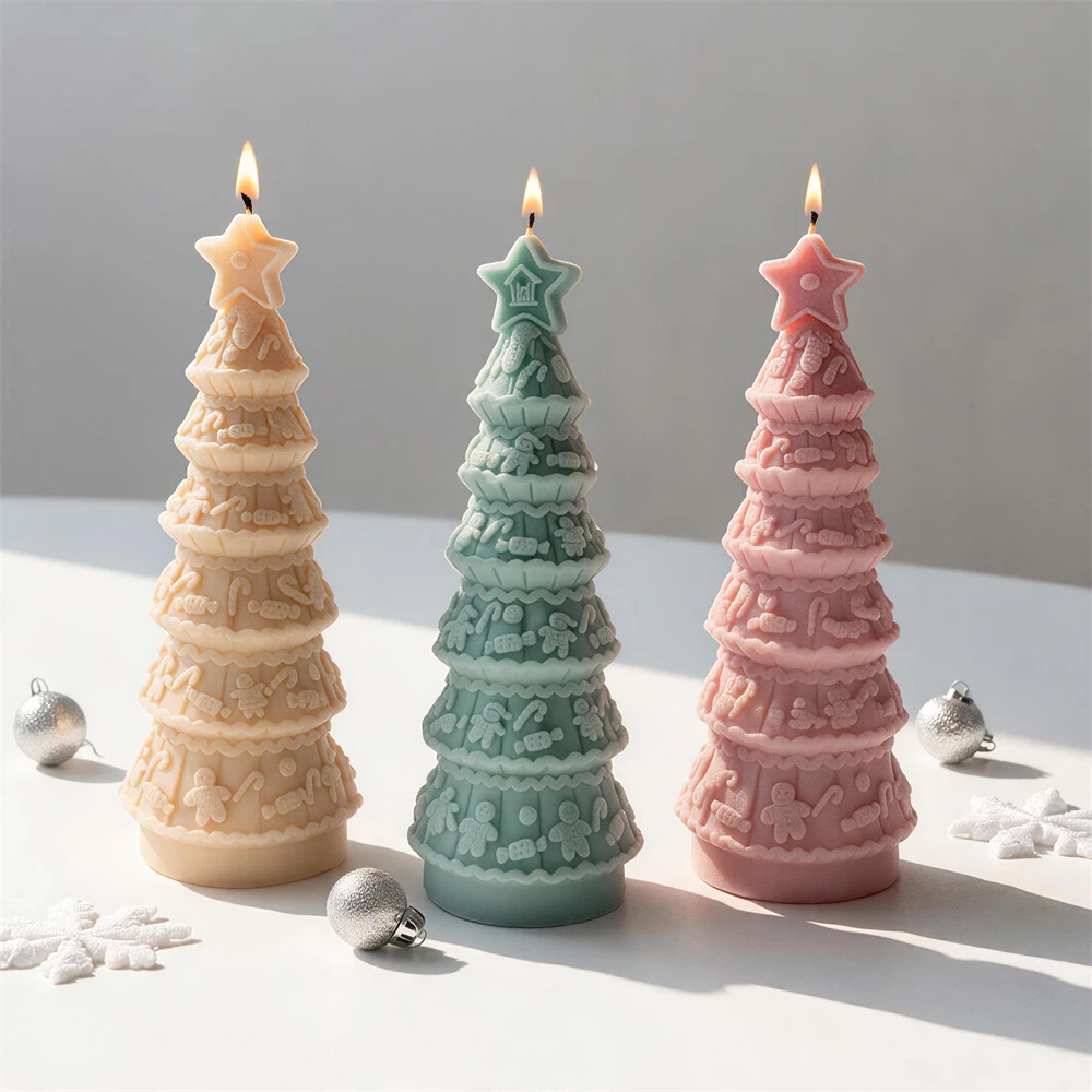Lebkuchen-Weihnachtsbaum Silikon-Kerzenform Festliche Säulenform Weihnachtsgeschenk Sojawachs Seife Harz Silikonform Weihnachts-Heimdekoration