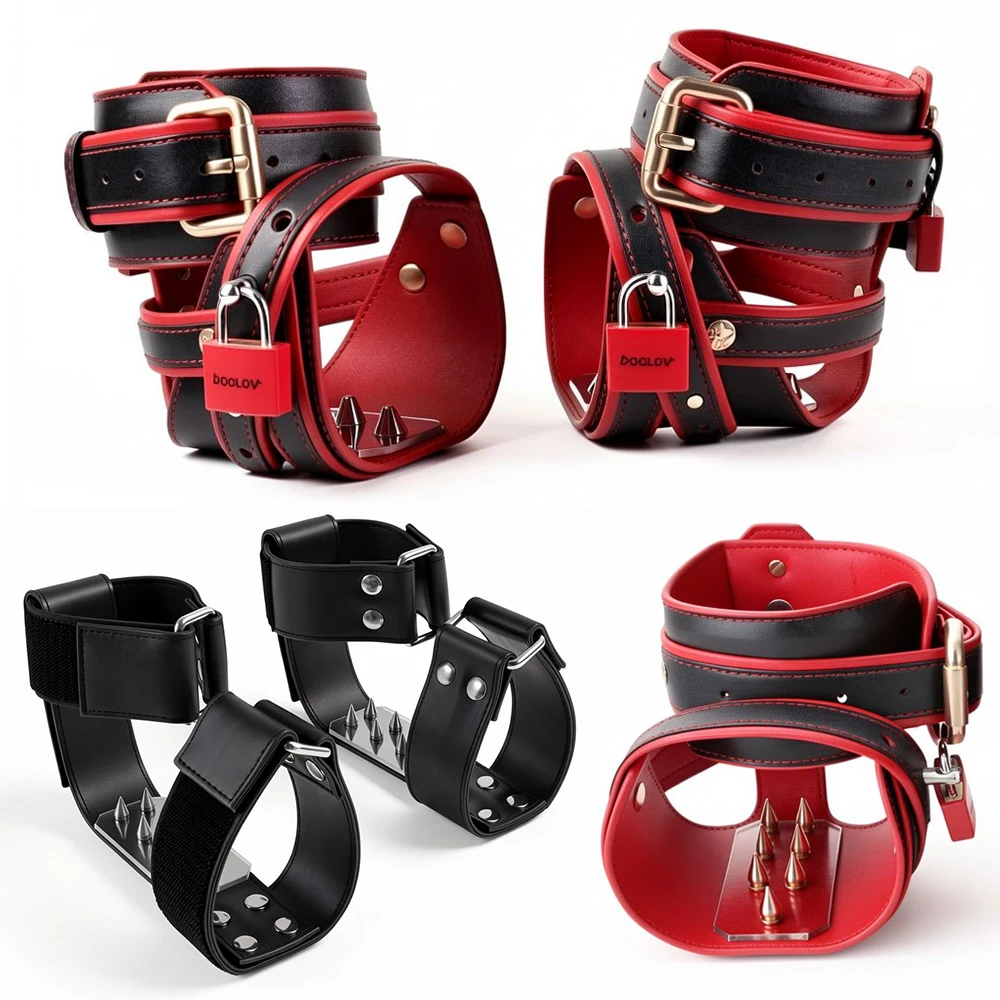 BDSM Foot Restraints Men's Leather Ankle Binder Forced Tiptoe Heel Lift Spiked Posture Fetish Slave Punishment Gear Adult Toys