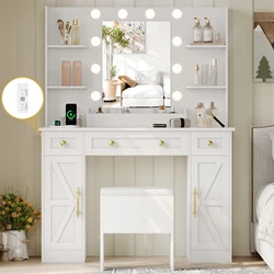 White Vanity Desk Set with Lights, Vanity Table with Charging Station, Modern Makeup Vanity Desk for Bedroom